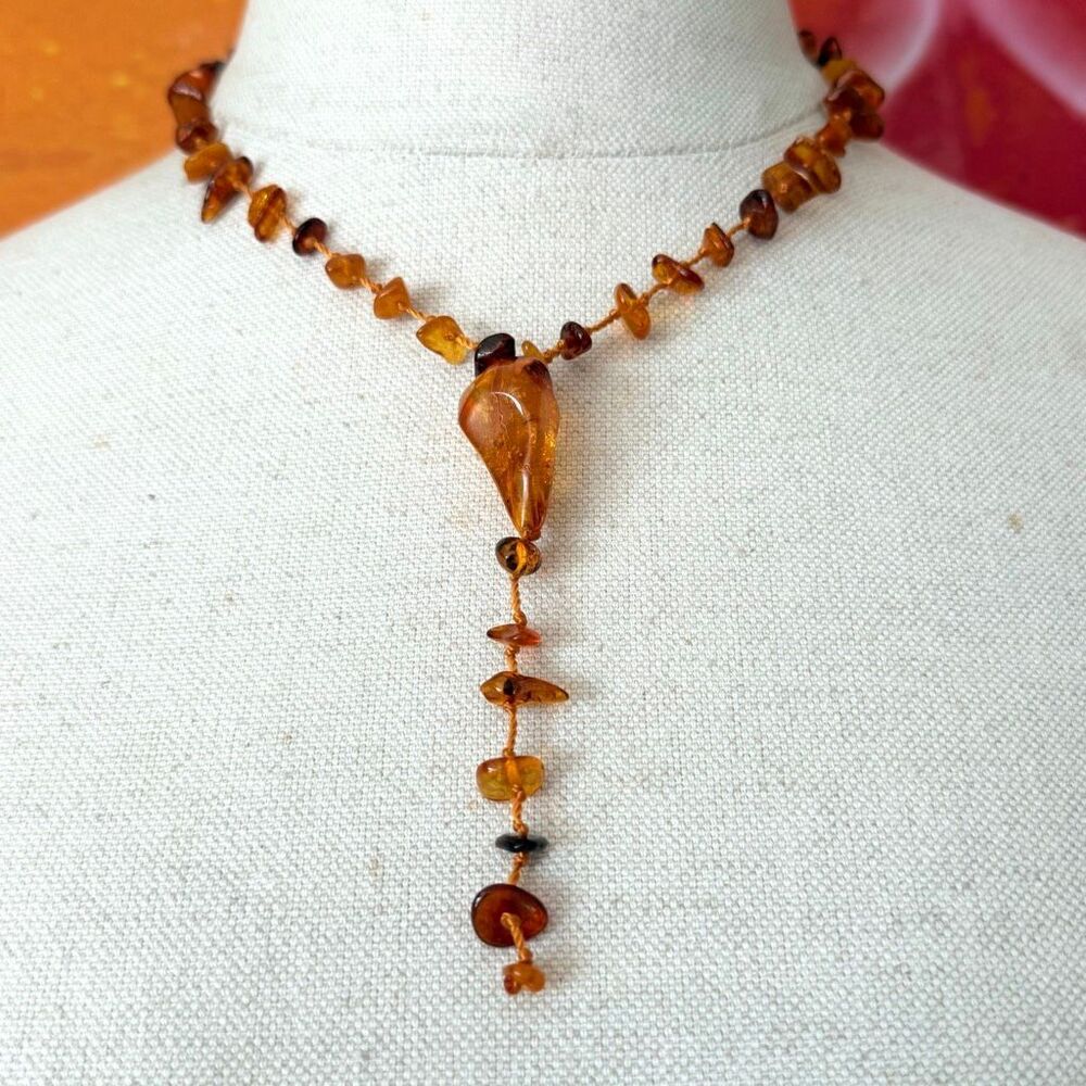 Vintage Genuine Amber Chip Y Drop Lariat Necklace Large Amber Pendant